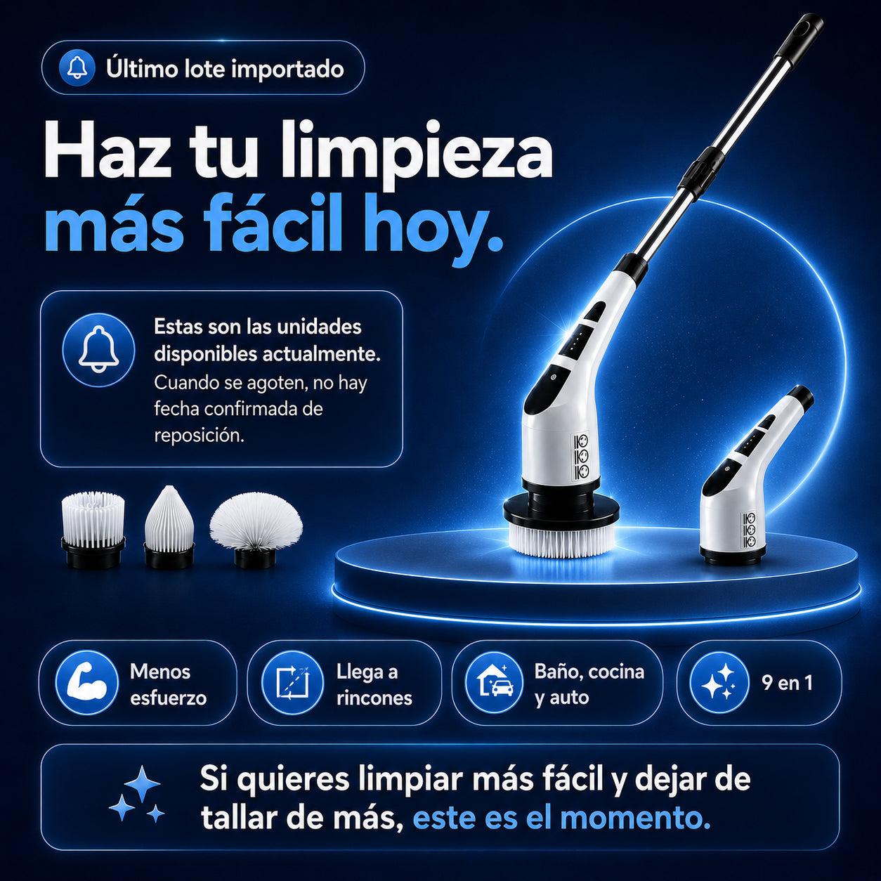 Cepillo Eléctrico de Limpieza – 9 en 1 con mango extensible para limpiar baño, cocina y auto con menos esfuerzo | Envío gratis