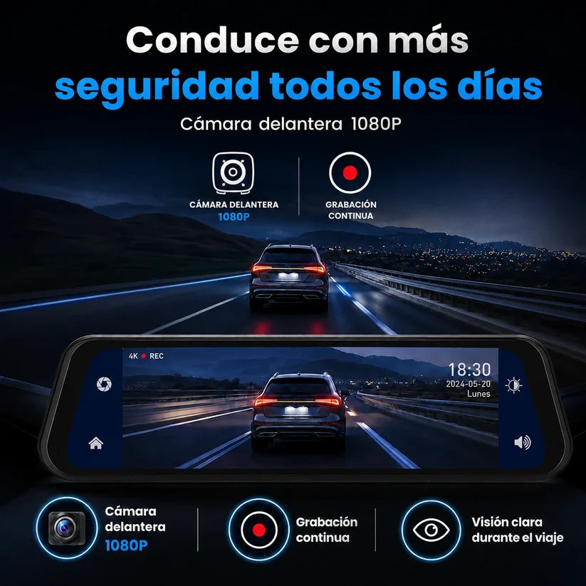 Retrovisor Inteligente DriveVision 360 con Cámara Doble — Frontal 1080p + Reversa con Líneas de Guías