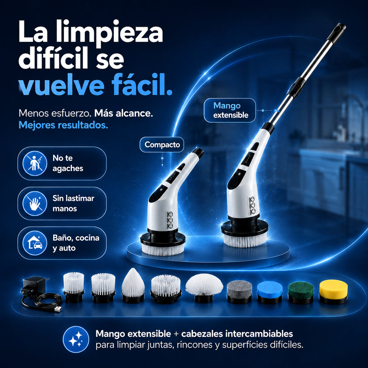 Cepillo Eléctrico de Limpieza – 9 en 1 con mango extensible para limpiar baño, cocina y auto con menos esfuerzo | Envío gratis
