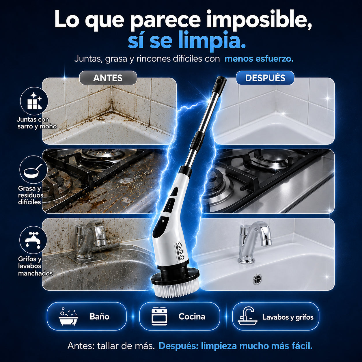 Cepillo Eléctrico de Limpieza – 9 en 1 con mango extensible para limpiar baño, cocina y auto con menos esfuerzo | Envío gratis