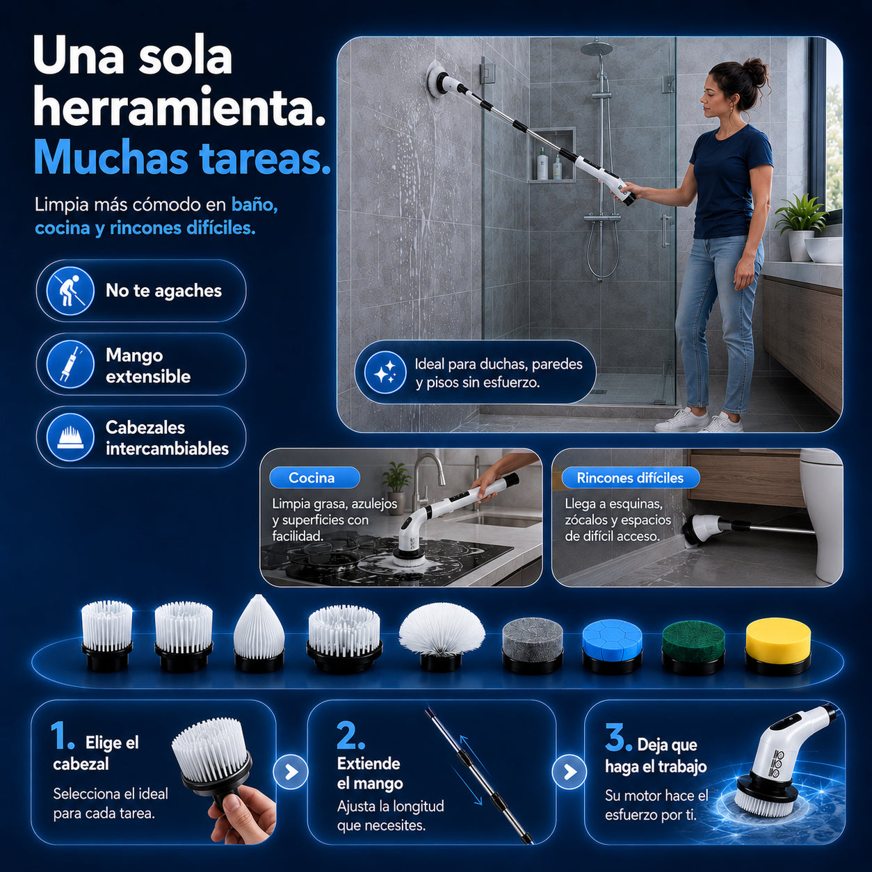 Cepillo Eléctrico de Limpieza – 9 en 1 con mango extensible para limpiar baño, cocina y auto con menos esfuerzo | Envío gratis