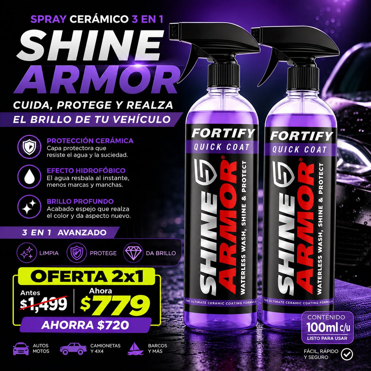 SHINE ARMOR | Spray De Revestimiento Ceramico Carro | 2X1 PAGA 1 LLÉVATE +1 GRÁTIS 🎁
