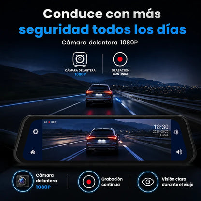 Retrovisor Inteligente DriveVision 360 con Cámara Doble — Frontal 1080p + Reversa con Líneas de Guías