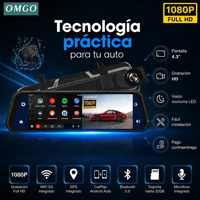 Retrovisor Inteligente DriveVision 360 con Cámara Doble — Frontal 1080p + Reversa con Líneas de Guías