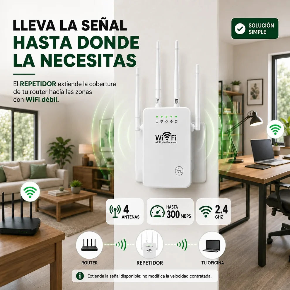 Amplificador de Señal WiFi 300 Mbps | Extiende la Cobertura de tu Módem, Fácil Instalación y Compatible