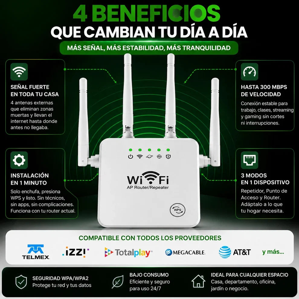 Amplificador de Señal WiFi 300 Mbps | Extiende la Cobertura de tu Módem, Fácil Instalación y Compatible