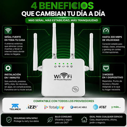 Amplificador de Señal WiFi 300 Mbps | Extiende la Cobertura de tu Módem, Fácil Instalación y Compatible