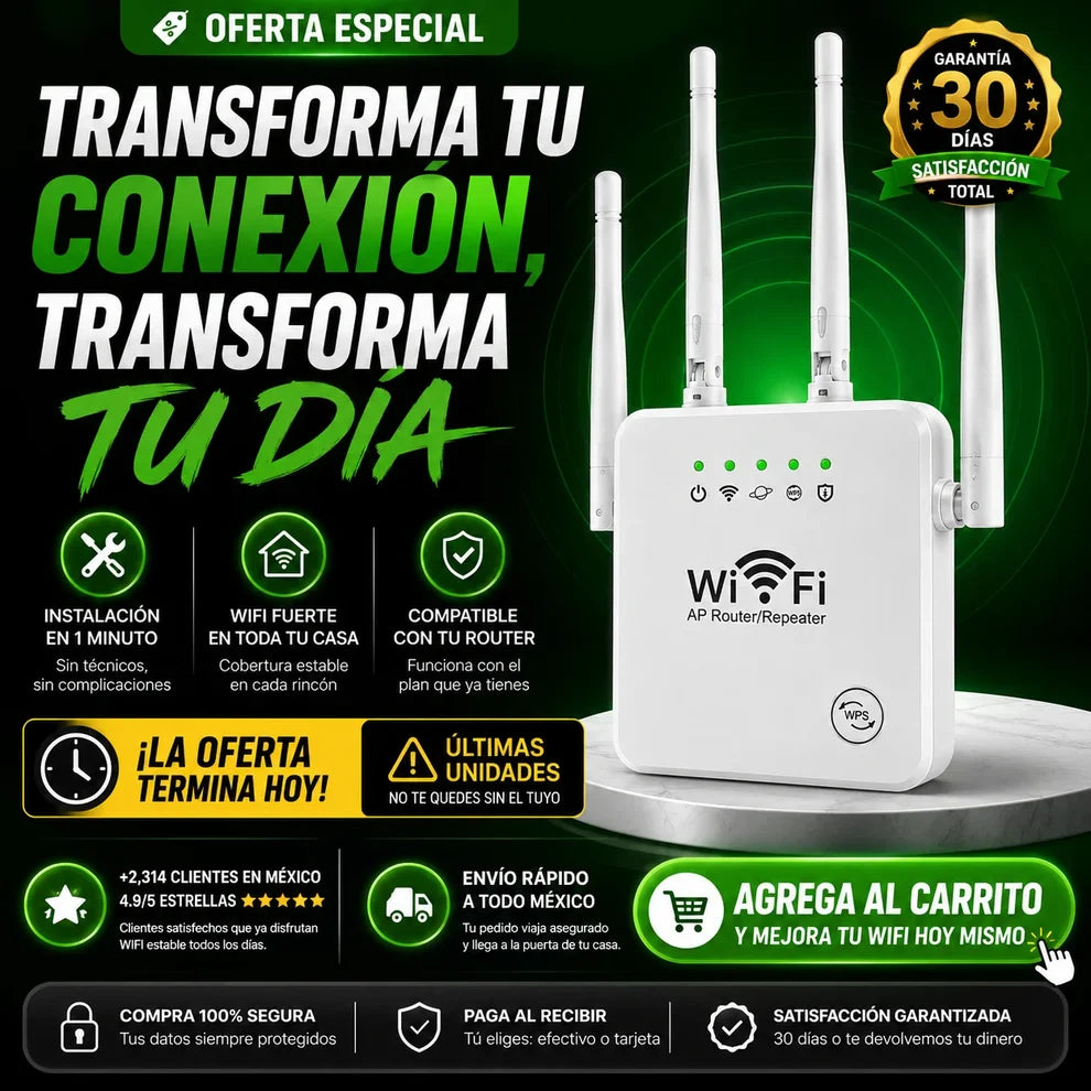 Amplificador de Señal WiFi 300 Mbps | Extiende la Cobertura de tu Módem, Fácil Instalación y Compatible