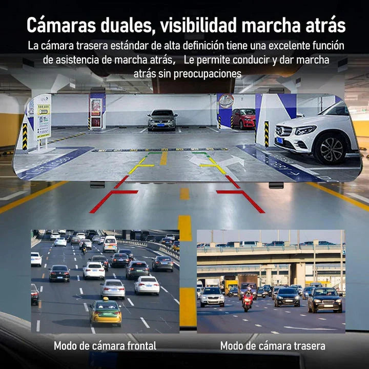 Retrovisor Inteligente DriveVision 360 con Cámara Doble — Frontal 1080p + Reversa con Líneas de Guías