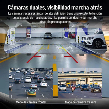 Retrovisor Inteligente DriveVision 360 con Cámara Doble — Frontal 1080p + Reversa con Líneas de Guías