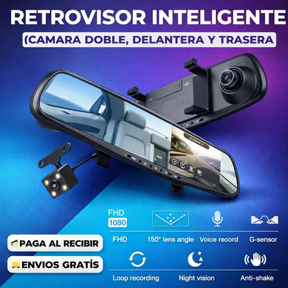 Retrovisor Inteligente DriveVision 360 con Cámara Doble — Frontal 1080p + Reversa con Líneas de Guías