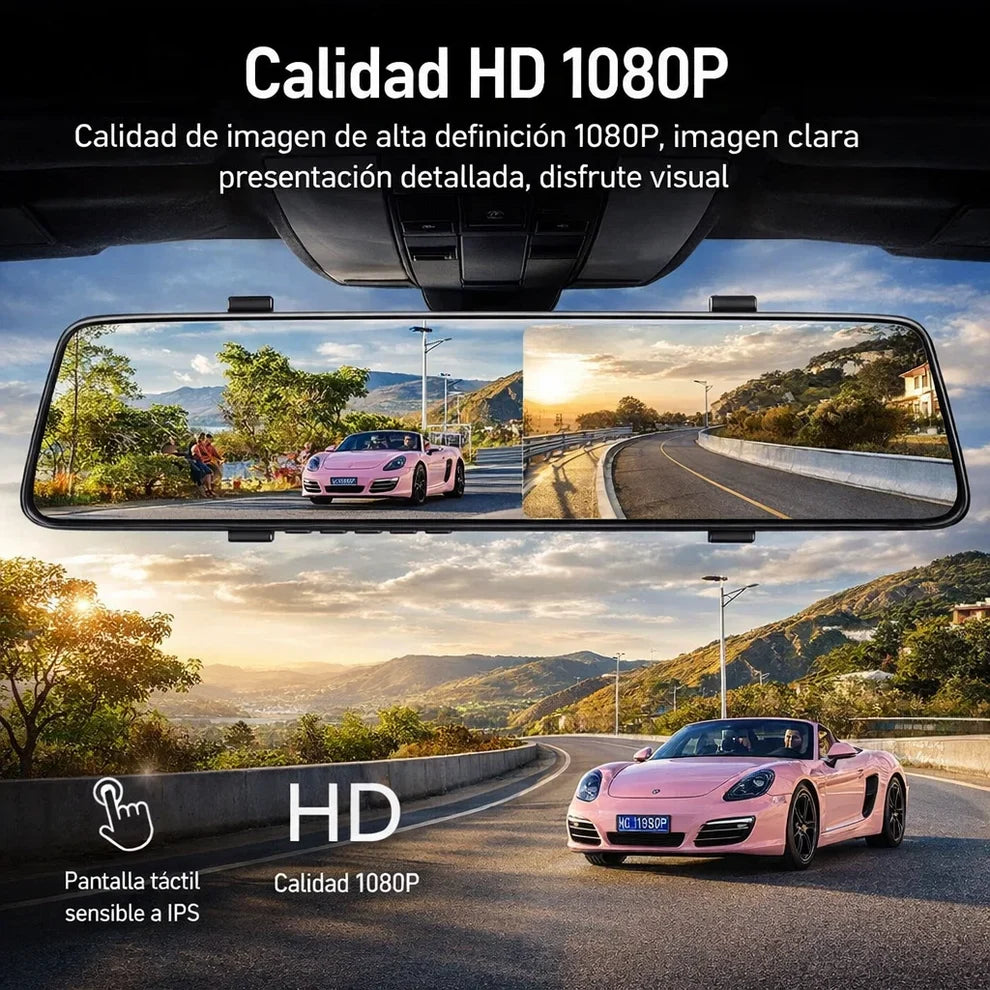 Retrovisor Inteligente DriveVision 360 con Cámara Doble — Frontal 1080p + Reversa con Líneas de Guías